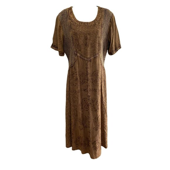 Bila Womens Brown Boho Embroidered Midi Dress L 100% Rayon Short Sleeve Tie Back - Picture 7 of 8